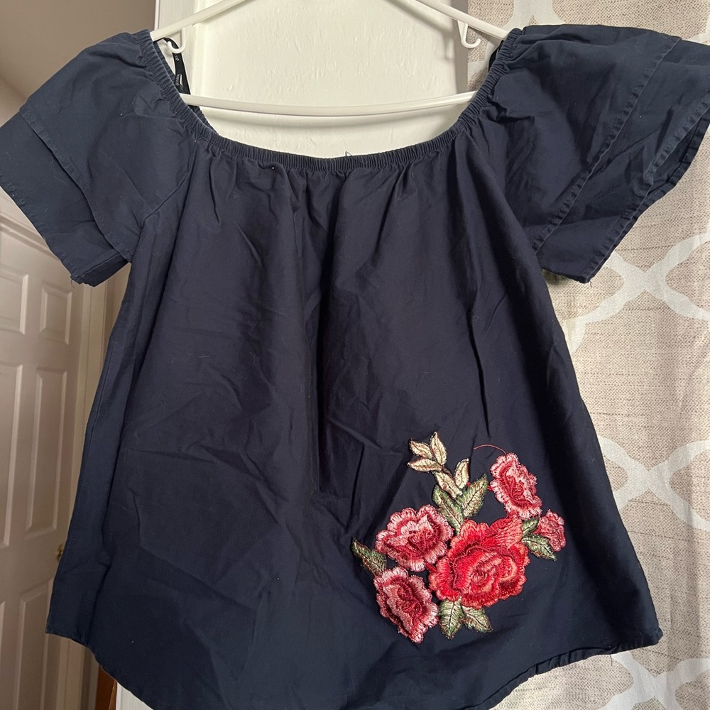 Papaya Dark Blue Top Floral Embroidery